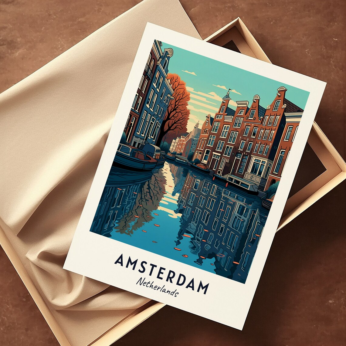 Amsterdam Netherlands Canal Houseboats Autumn Reflections Travel Poster - Image 3