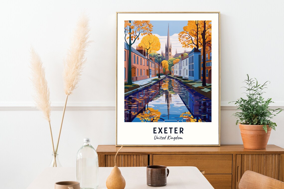 Exeter United Kingdom Autumn Canal and Church Spire Travel Poster - Image 2