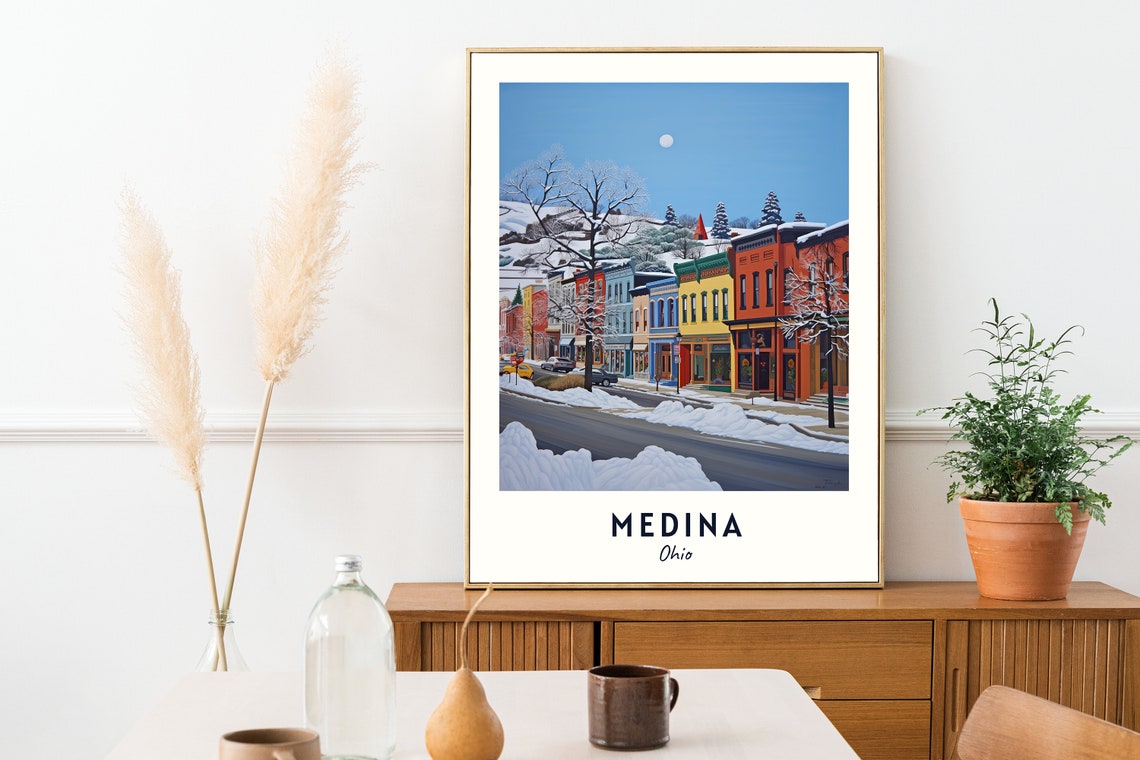 Medina Ohio Snowy Main Street Colorful Shops Winter Scene Poster - Image 2