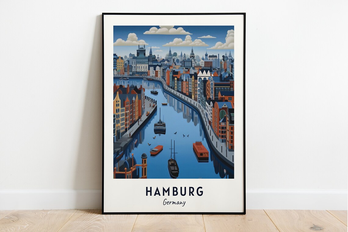 Hamburg Germany Canal Aerial View Ships Travel Poster Home Decor
