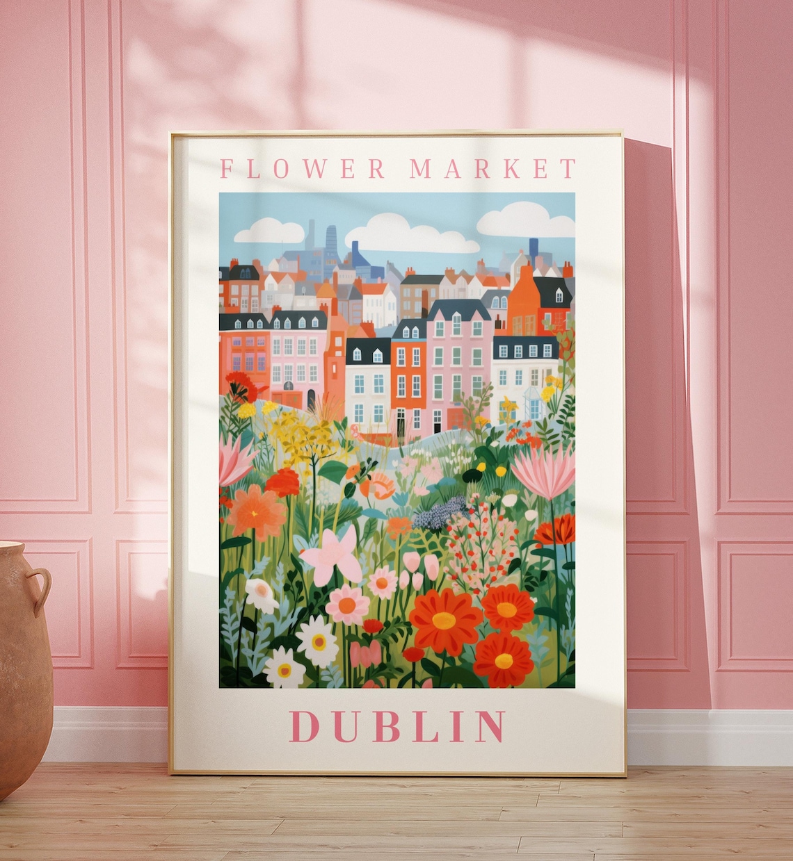 Dublin Flower Market Poster with Georgian Row House Wildflower Meadow