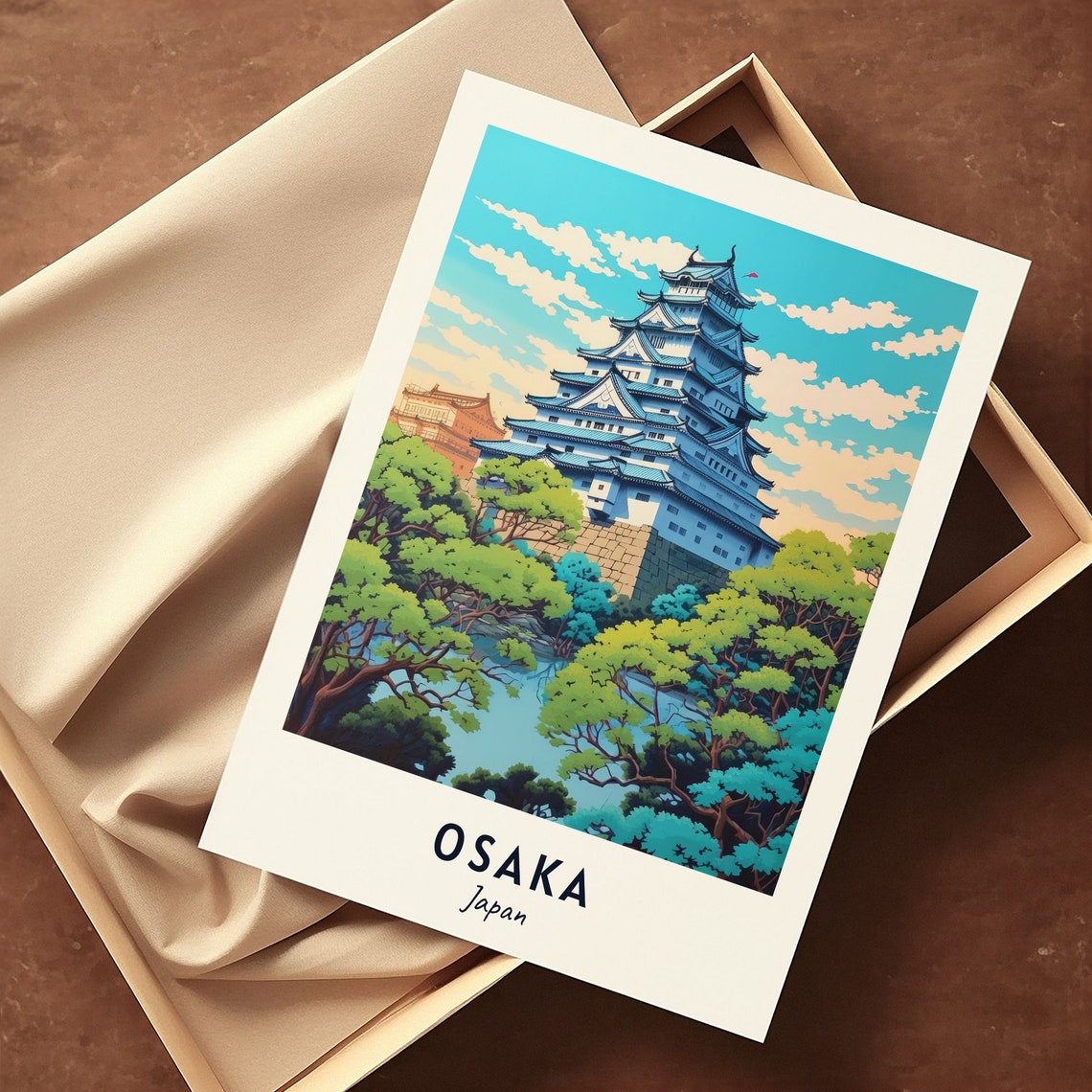 Osaka Japan White Castle Tower Lush Green Trees Scenic Travel Poster - Image 3
