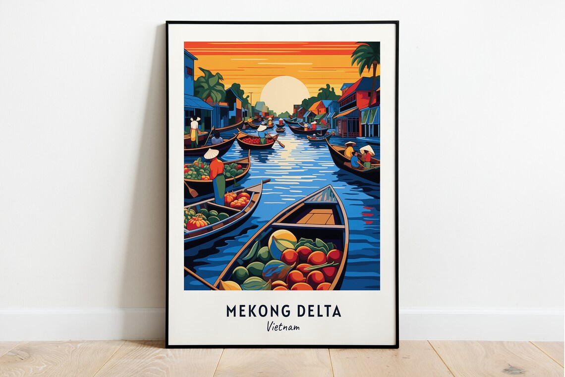 Mekong Delta Vietnam Floating Market Boats Sunset Travel Poster