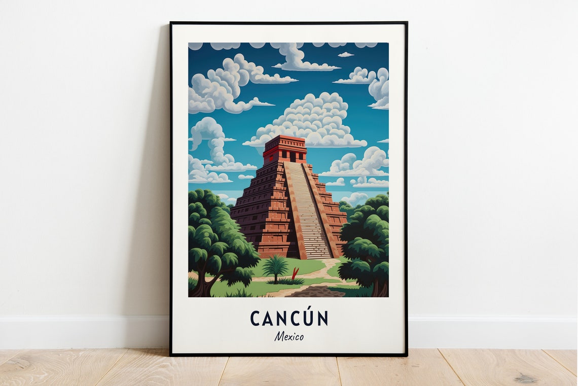 Cancun Mayan Pyramid El Castillo Jungle Clouds Travel Poster