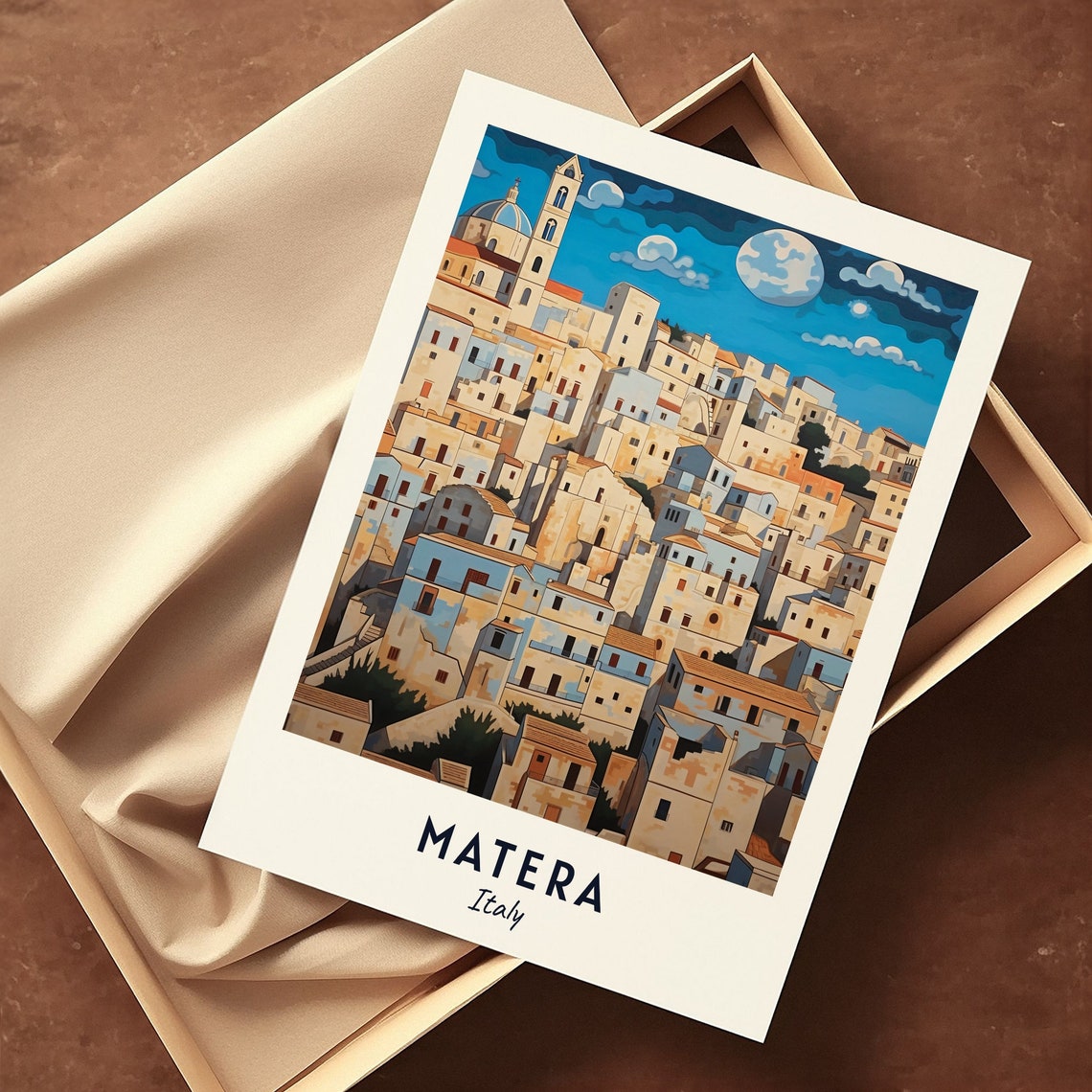 Matera Moonlit Hillside Old Town Stone Houses Night Travel Poster - Image 3