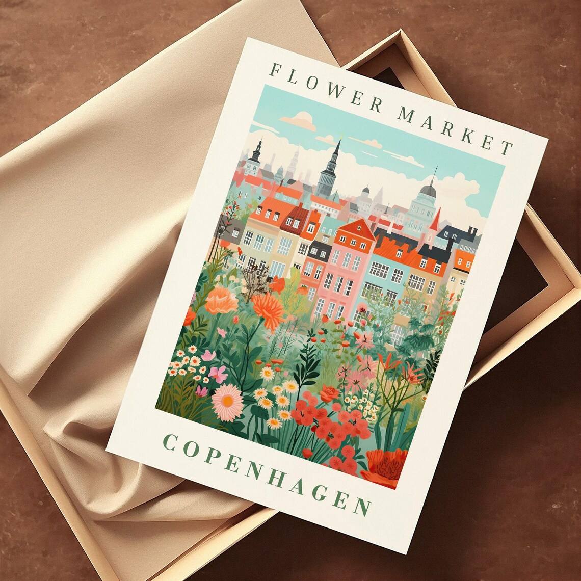 Copenhagen Flower Market Nyhavn-Style Houses Botanical Travel Poster