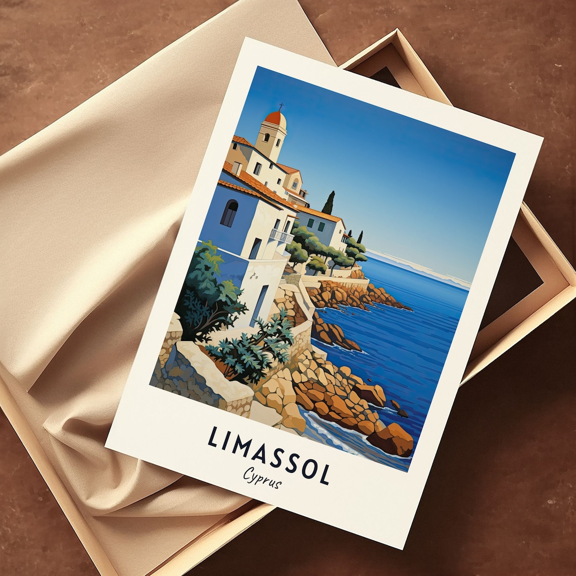 Limassol Cyprus Cliffside Chapel Rocky Mediterranean Shore Travel Poster - Image 3
