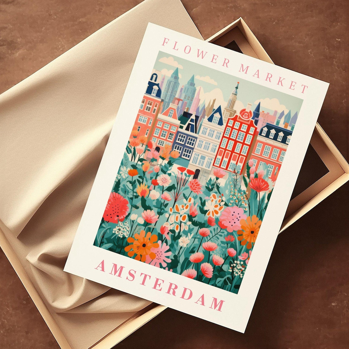 Amsterdam Flower Market Poster with Canal Houses in Teal Floral Meadow - Image 2