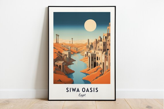 Moonlit Desert Oasis Town with Still Lake Siwa Oasis Egypt Poster