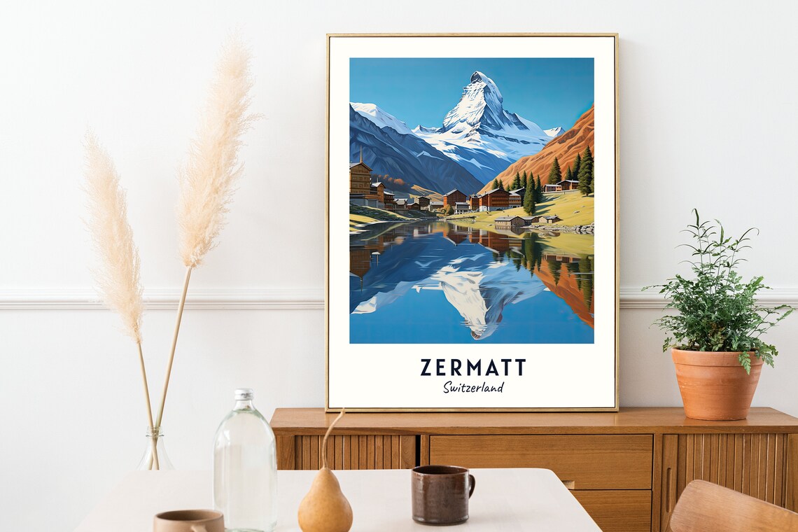 Zermatt Switzerland Matterhorn Reflection Lake Village Travel Poster - Image 2