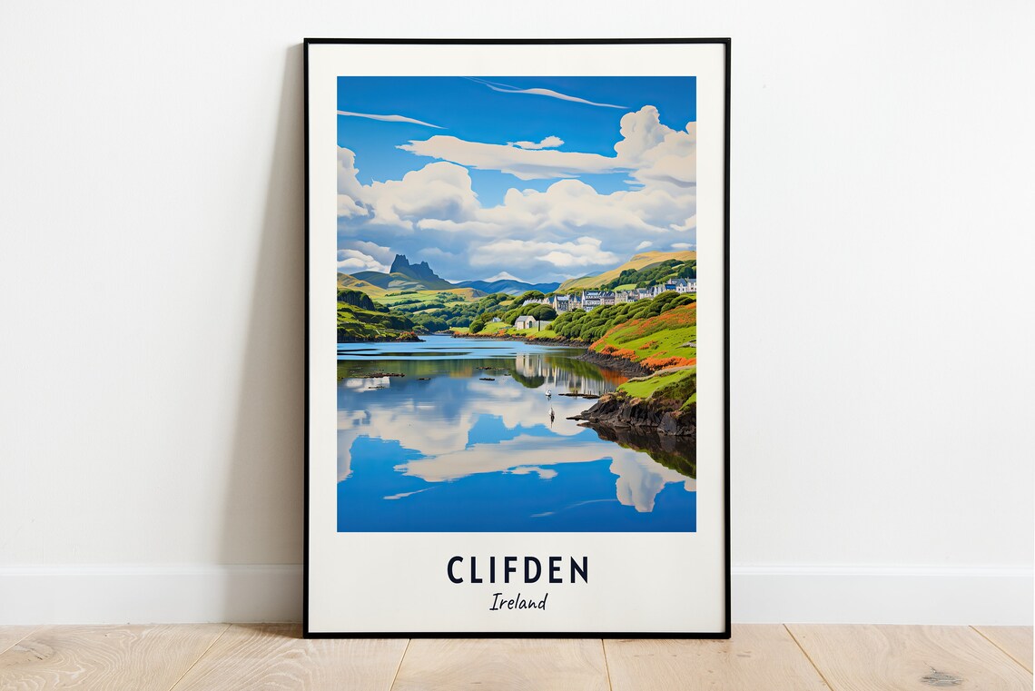 Clifden Ireland Lake Reflection Green Hills Connemara Travel Poster