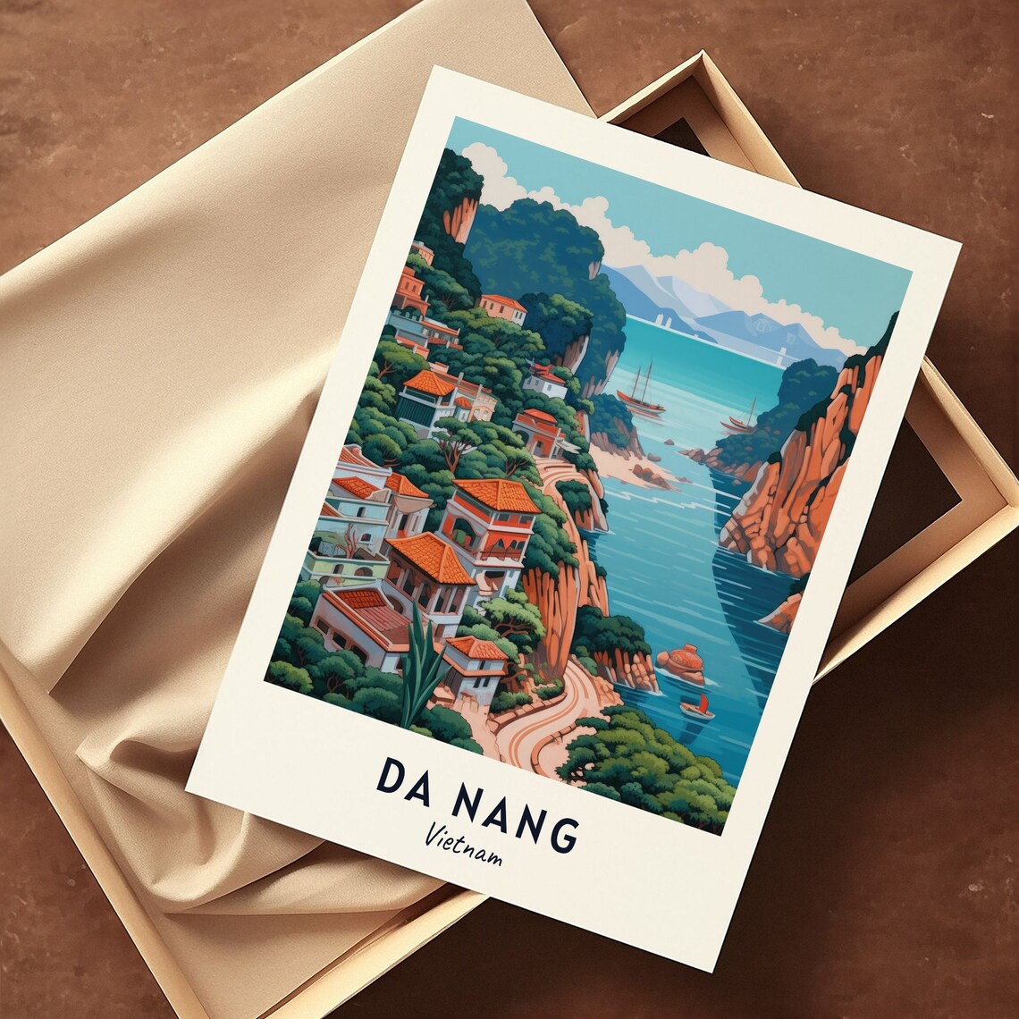 Da Nang Vietnam Coastal Bay Cliffs Fishing Boats Seaside Travel Poster - Image 3