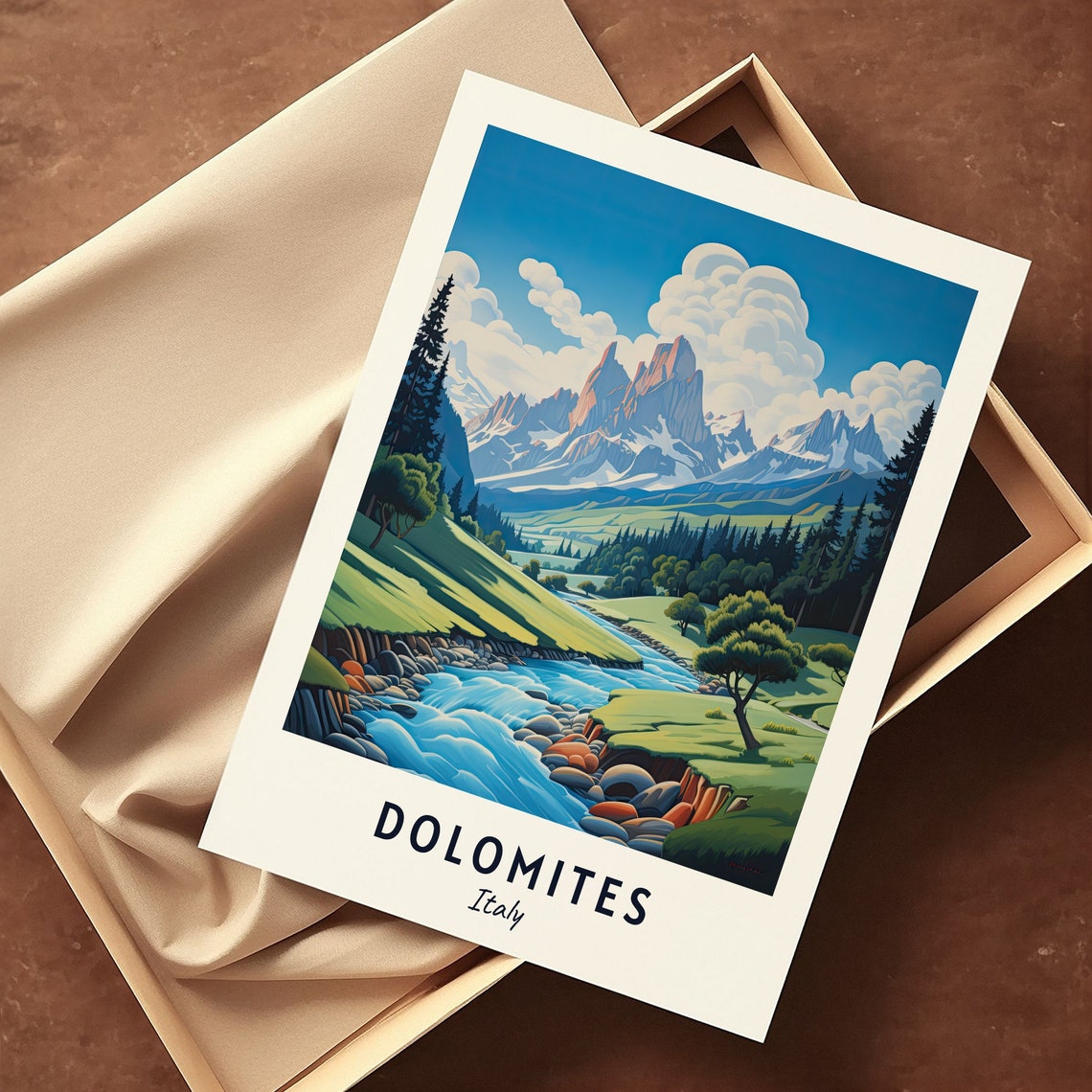Dolomites Italy Jagged Alpine Peaks Mountain Stream Travel Poster - Image 3
