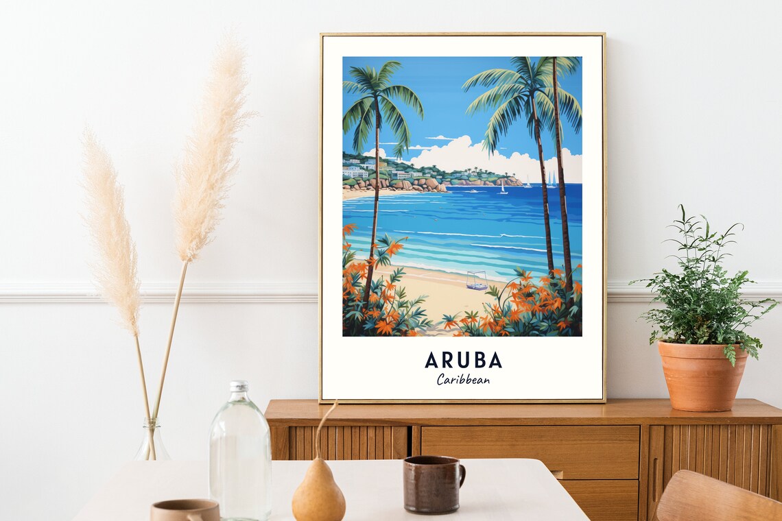 Aruba Caribbean Palm Beach Turquoise Water Sailboats Travel Poster - Image 2