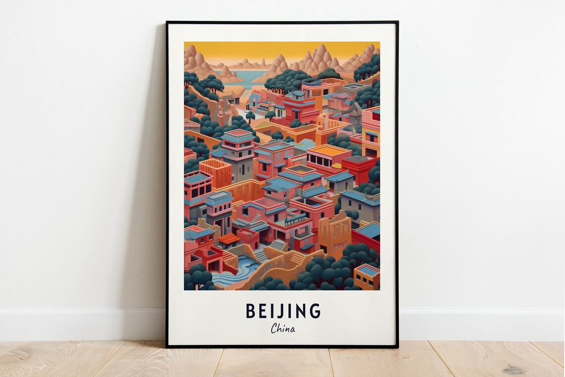 Beijing China Colorful Hillside Houses Lake Morning Travel Poster