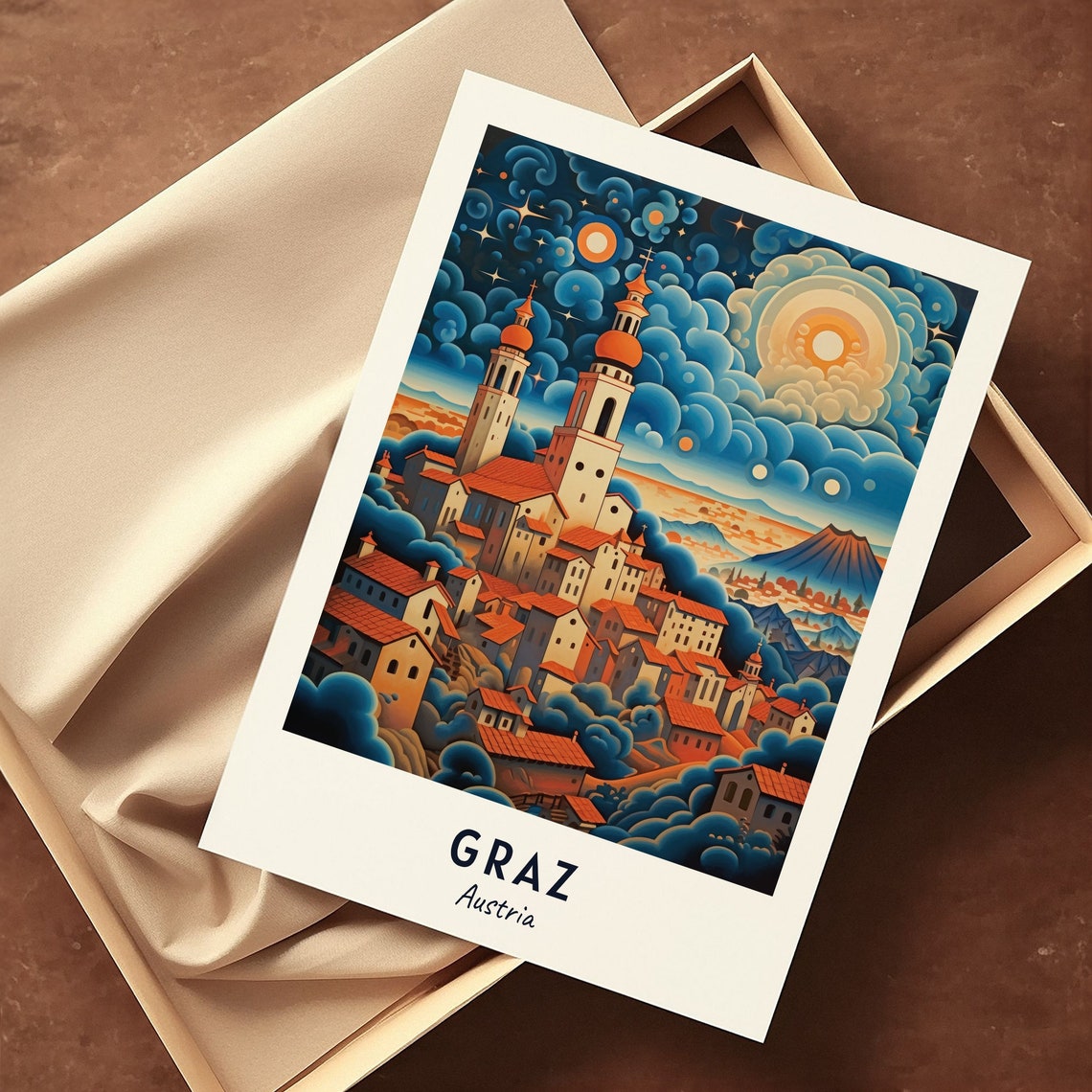 Graz Old Town Church Towers Dramatic Sky Artwork Travel Poster - Image 3