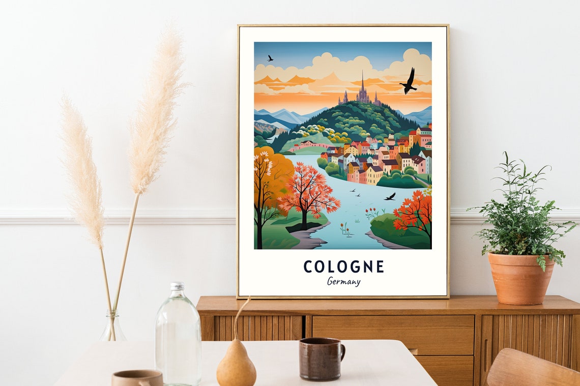 Cologne Germany Riverside Autumn Scene Cathedral On Hill Poster - Image 2