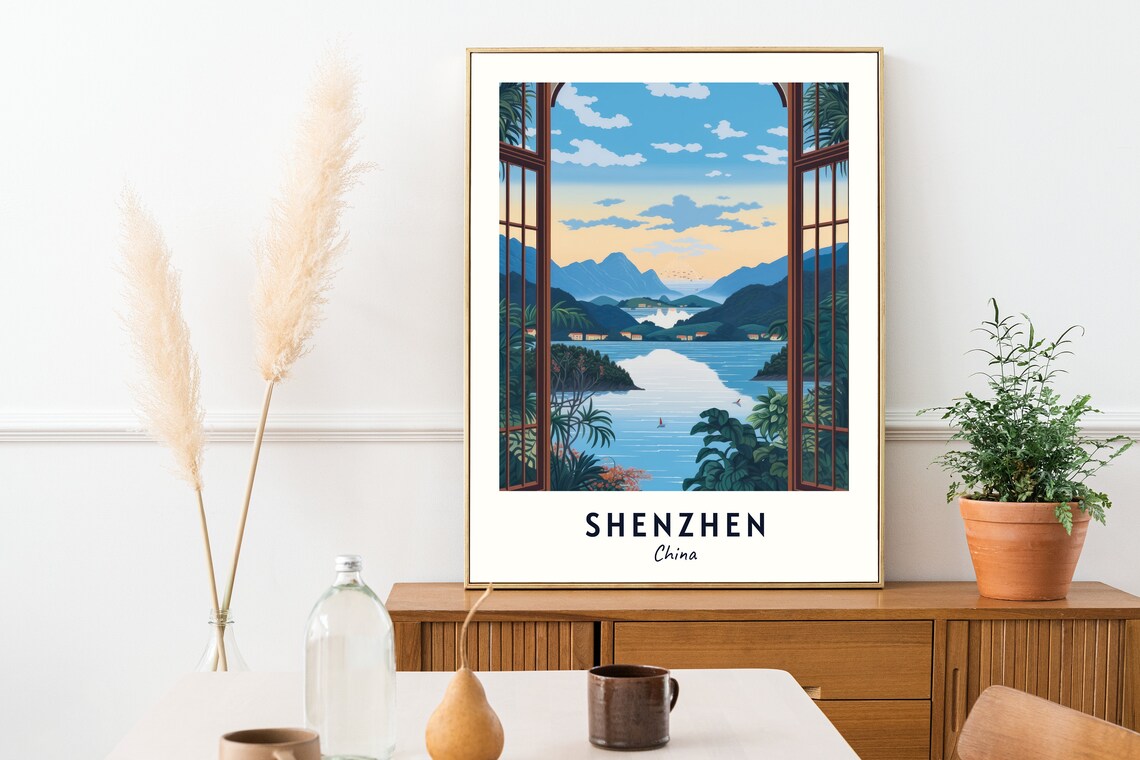 Sunset Lake View through Open Windows in Shenzhen China Poster - Image 2