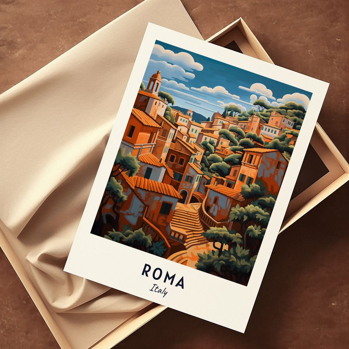 Roma Terracotta Rooftops Bell Tower Green Hillside Travel Poster - Image 3