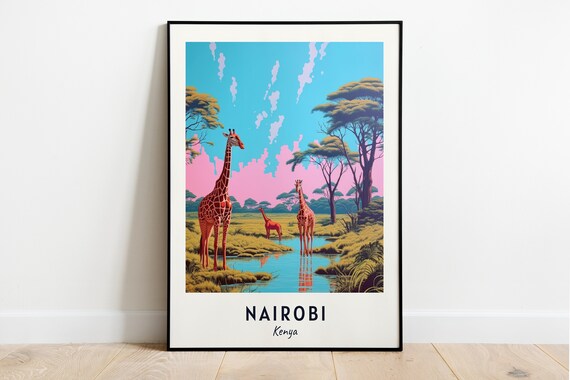 Nairobi Kenya Giraffes At Waterhole Under Pink Sunset Sky Poster