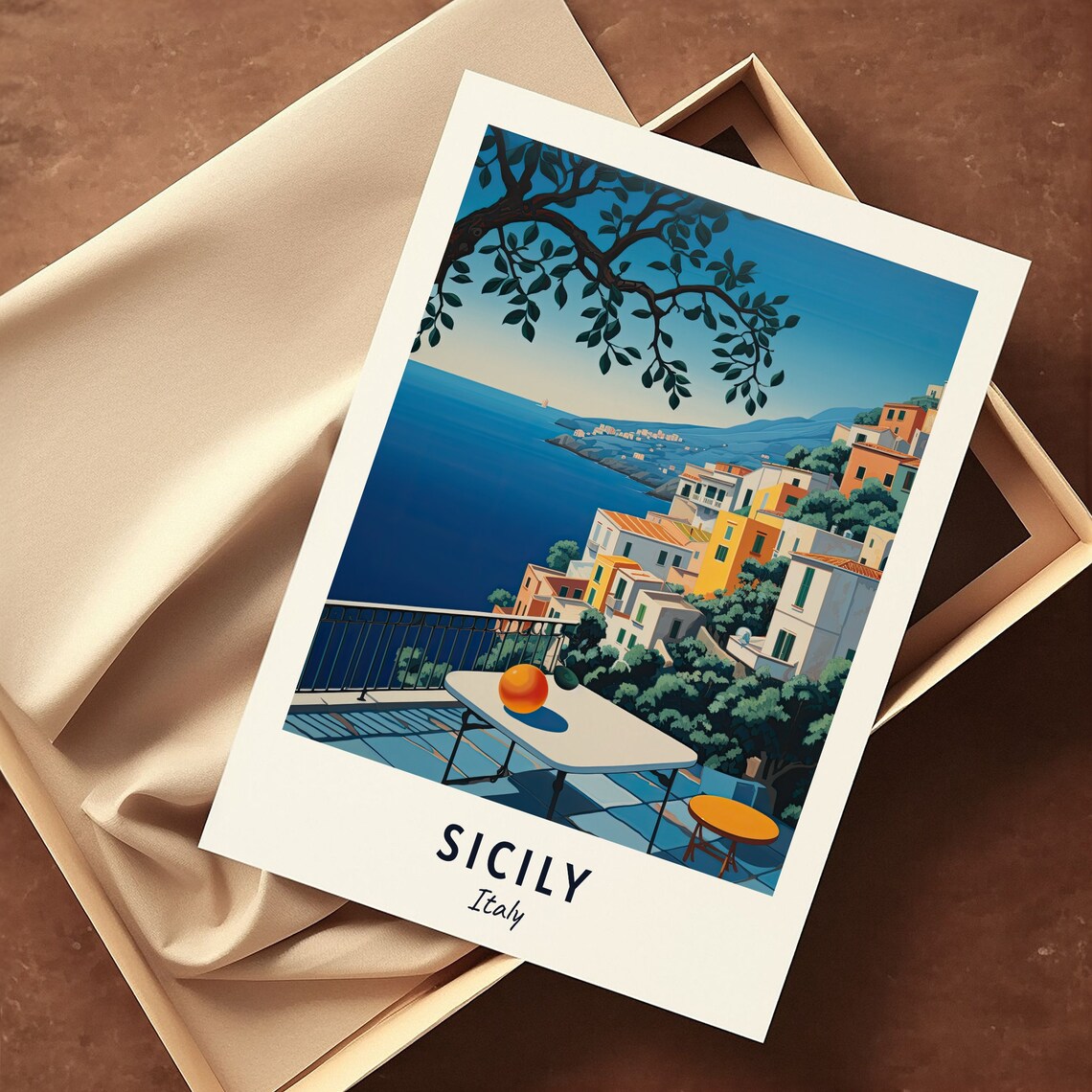 Sicily Italy Coastal Terrace Overlooks Hillside Town Sea Travel Poster - Image 3