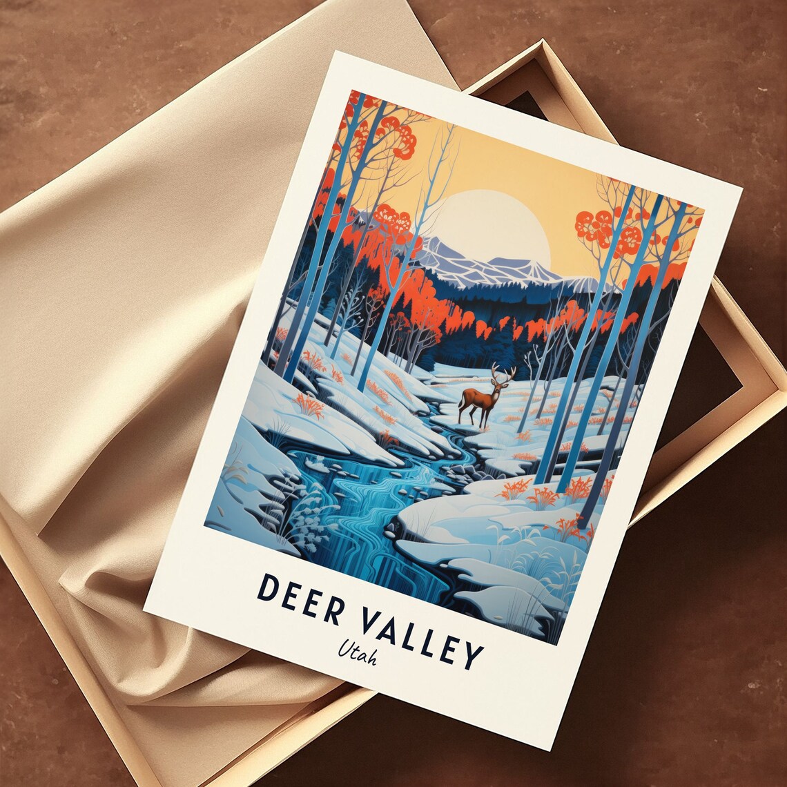 Deer Valley Utah Stag By A Snowy Stream In Red Aspens Poster - Image 3
