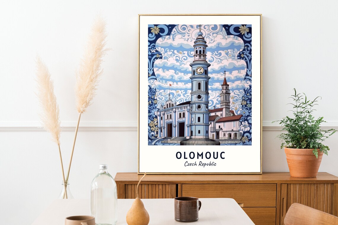 Olomouc Czech Republic Blue Clock Tower Ornate Swirling Sky Art Print - Image 2