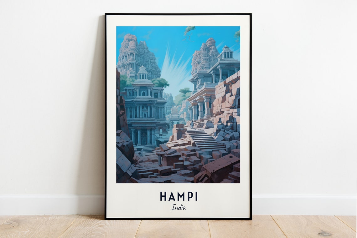 Hampi Ancient Stone Temple Ruins Gopuram Blue Sky Travel Poster