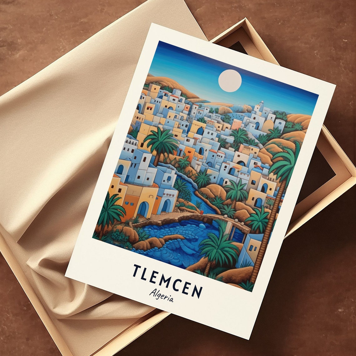 Tlemcen Algeria Moonlit Hillside Town Of Blue And Ochre Houses Poster - Image 3