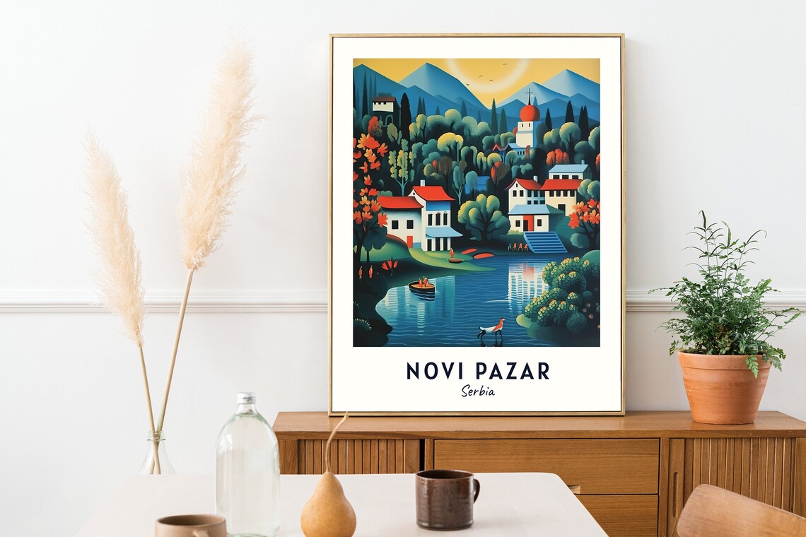 Lakeside Mountain Village with Church Novi Pazar Serbia Poster - Image 2