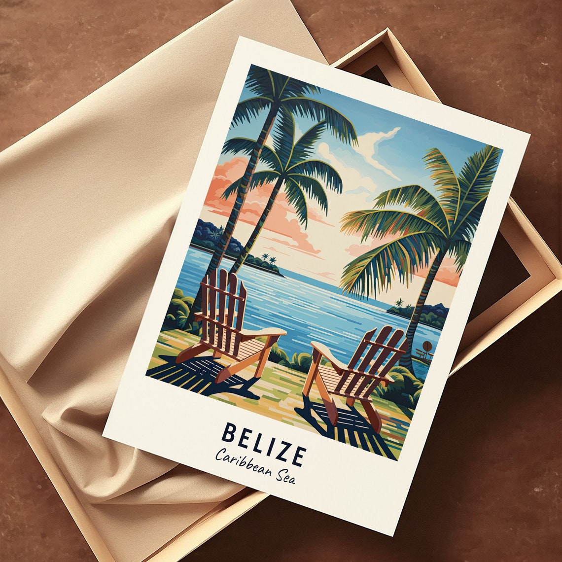 Belize Caribbean Sea Sunset Beach Chairs Palms Travel Poster - Image 3