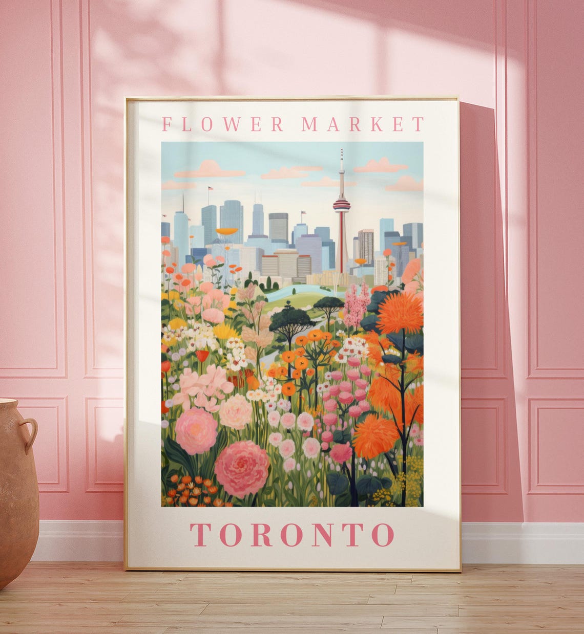 Toronto Canada Flower Market CN Tower Pink Garden Travel Poster