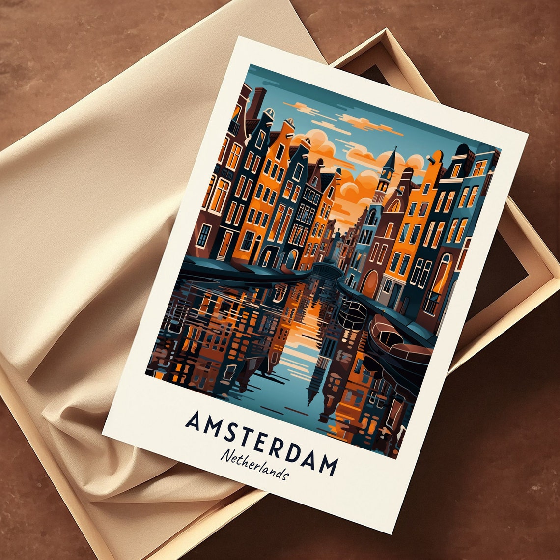 Amsterdam Netherlands Canal Houses Sunset Reflection Travel Poster - Image 3