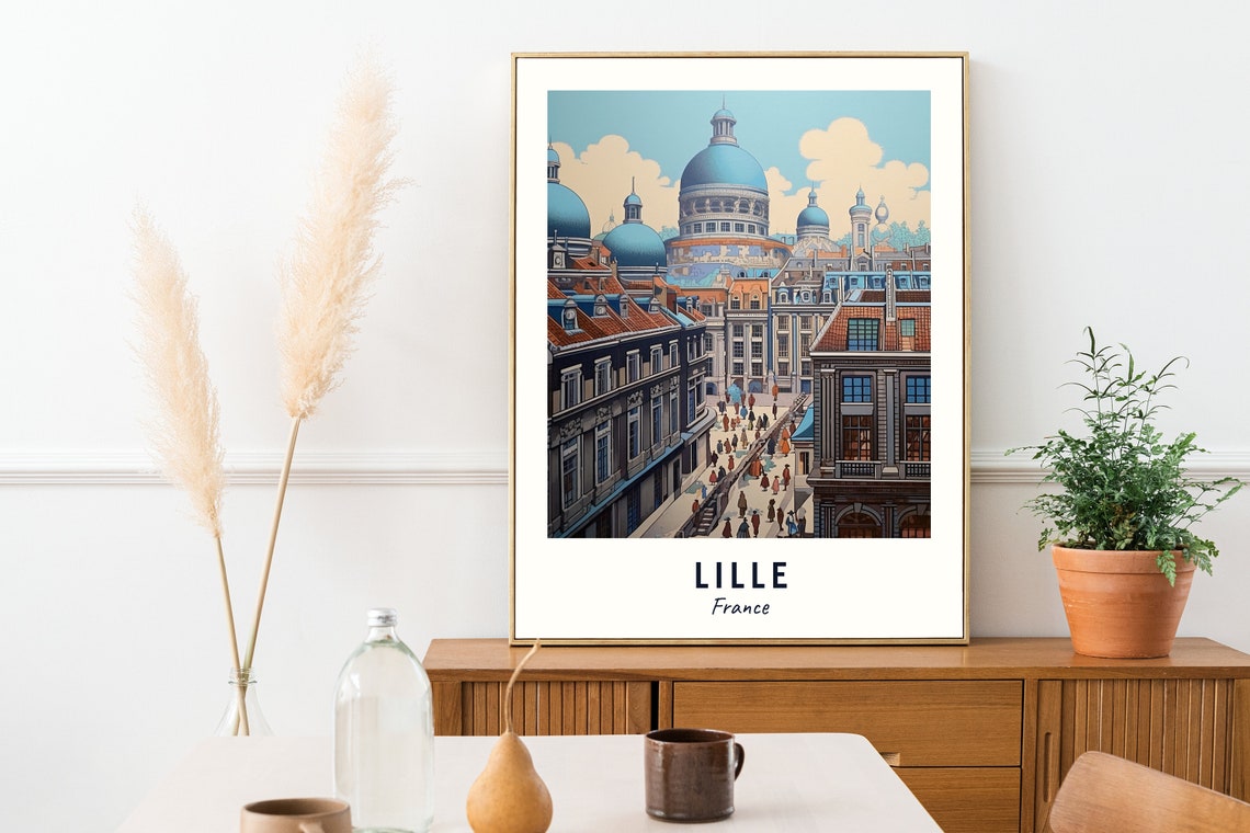 Lille Domed Old Town Rooftops Busy Street Scene Travel Poster - Image 2