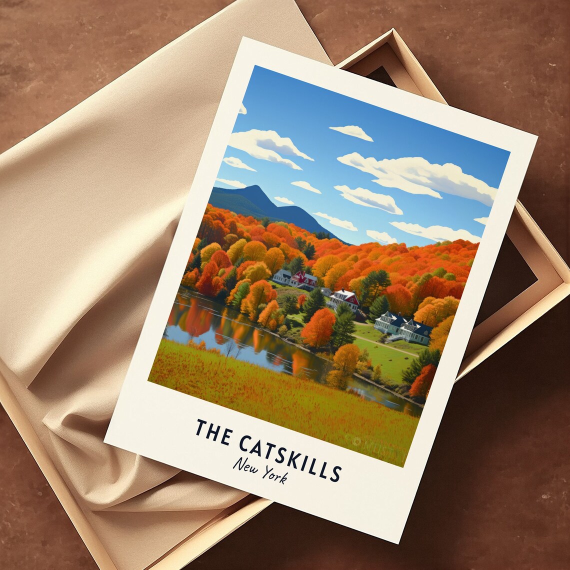 The Catskills New York Autumn Foliage Lake Village Art Poster - Image 3