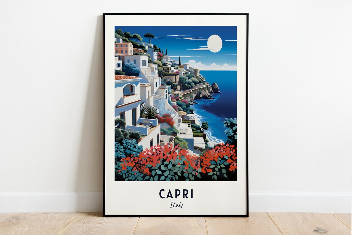 Capri Moonlit Cliffside Town Bougainvillea Italy Travel Poster