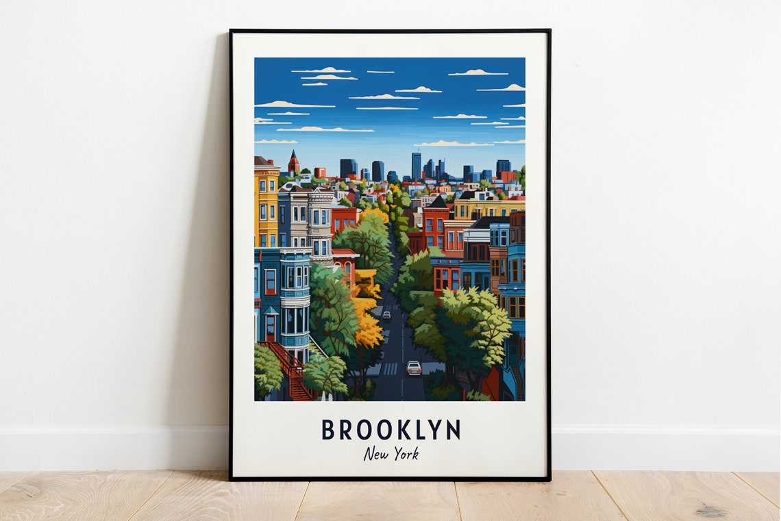 Brooklyn Brownstone Street Tree-Lined New York Travel Poster