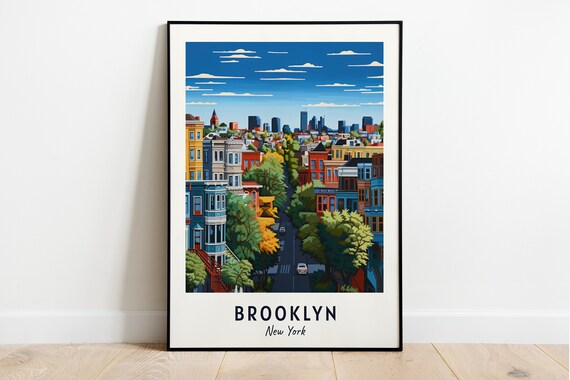 Brooklyn Brownstone Street Tree-Lined New York Travel Poster