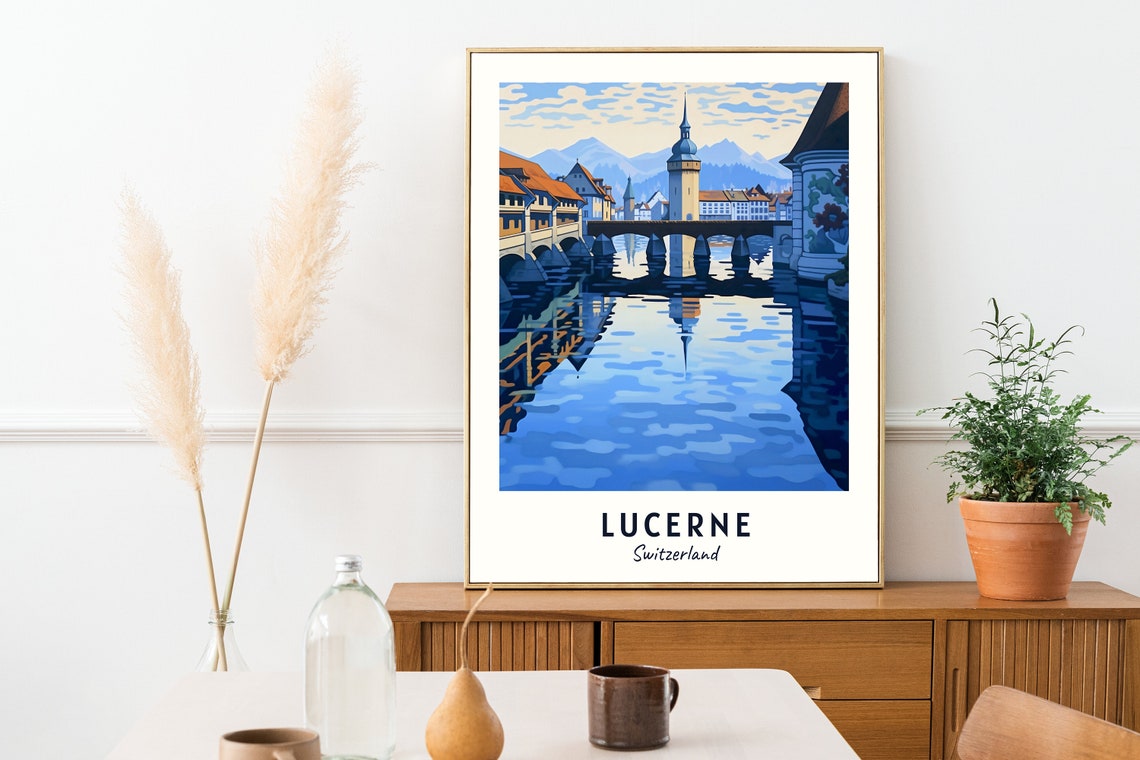 Lucerne Switzerland Chapel Bridge Water Tower Reuss Travel Poster - Image 2