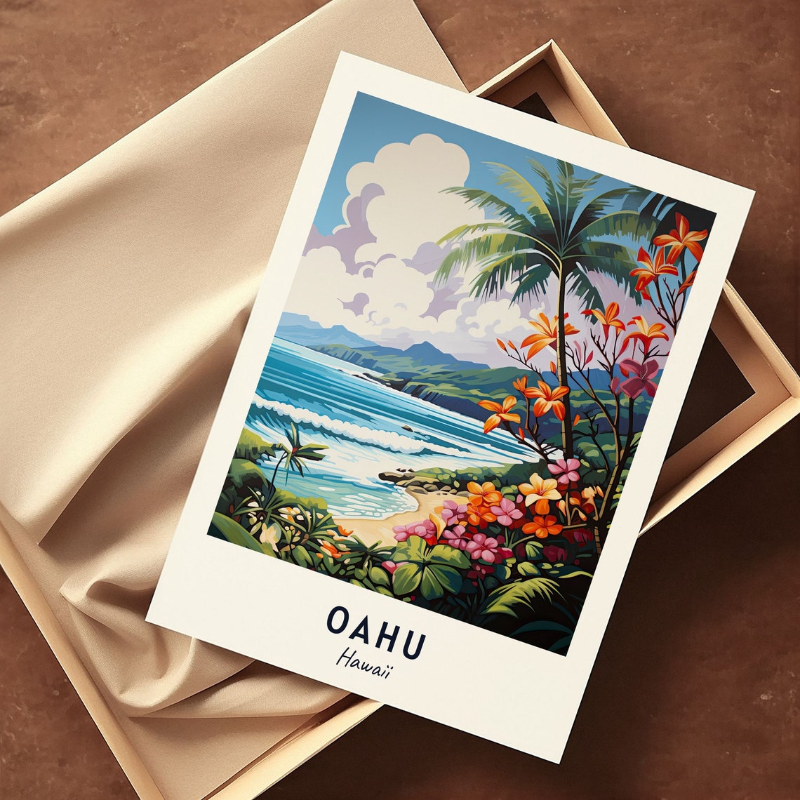 Oahu Hawaii Tropical Beach Palm Trees and Hibiscus Travel Poster - Image 3