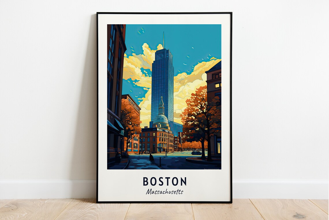 Boston Massachusetts Autumn City Street Skyline Travel Poster