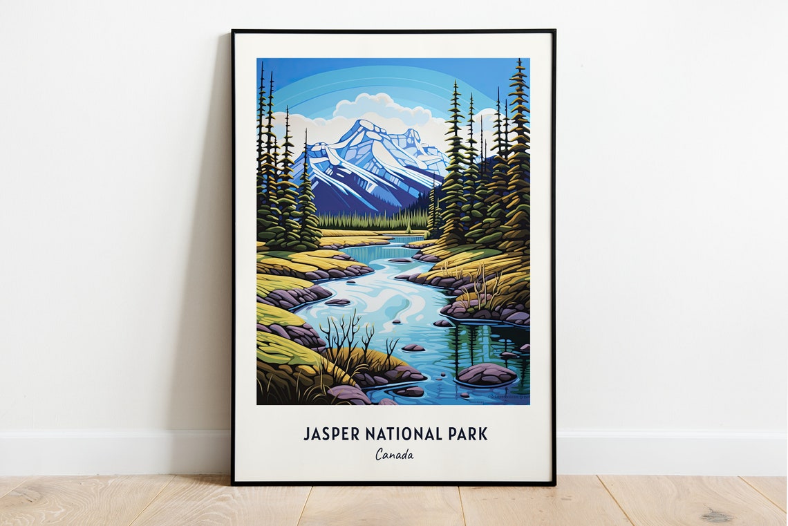 Jasper National Park Canada Snowy Peak River Vintage Travel Poster