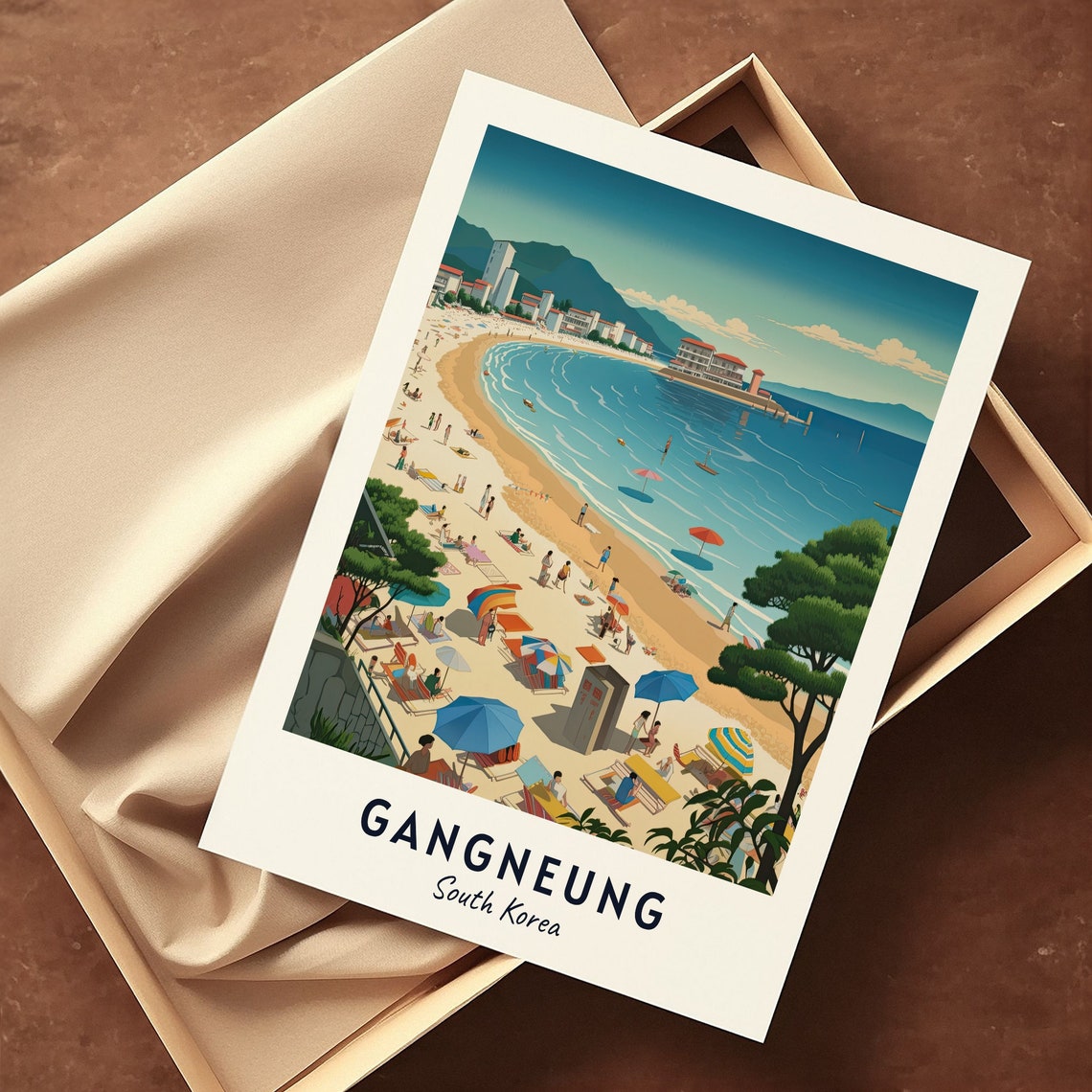 Gangneung South Korea Sunny Beach Umbrellas Retro Style Travel Poster - Image 3
