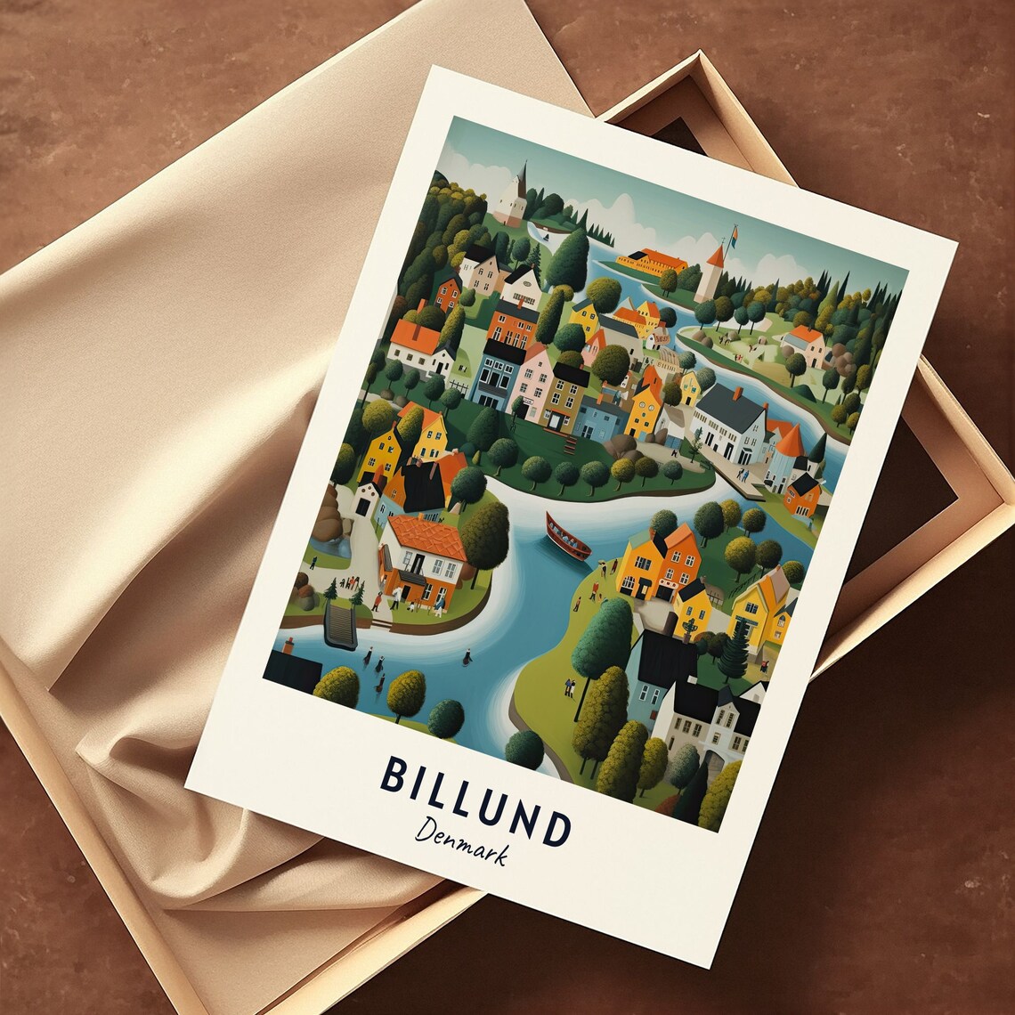 Colorful Riverside Village Scene Billund Denmark Travel Poster - Image 3