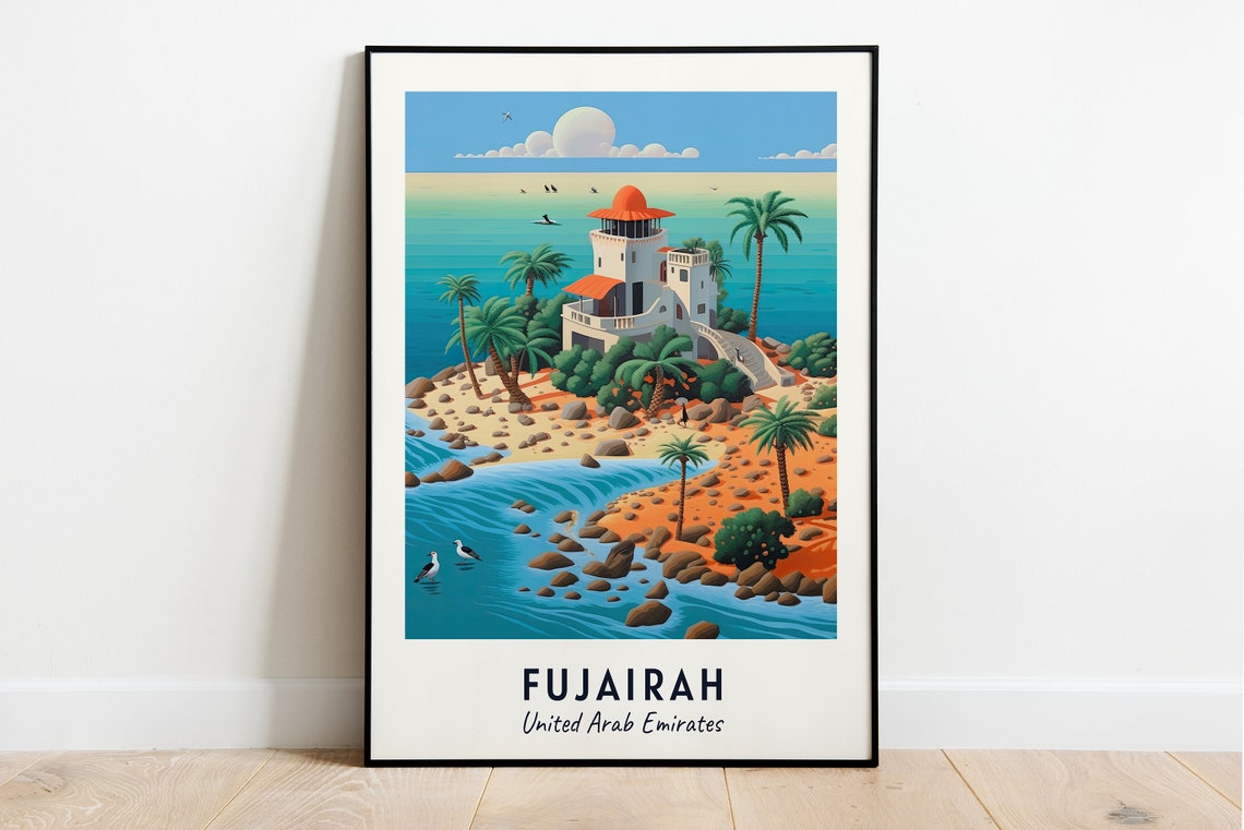 Snoopy Island Watchtower Rocky Coast Fujairah UAE Travel Poster