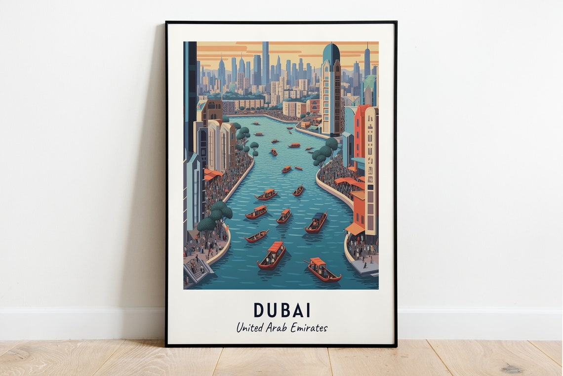 Dubai Creek Traditional Abra Boats Golden Hour UAE Travel Poster