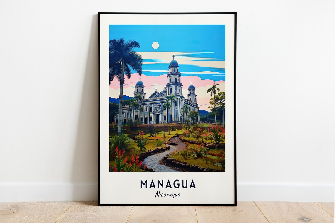 Managua Nicaragua Cathedral Palms Tropical Plaza Travel Poster