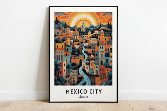 Mexico City Mexico Valley Town Mountains Sunset View Travel Poster