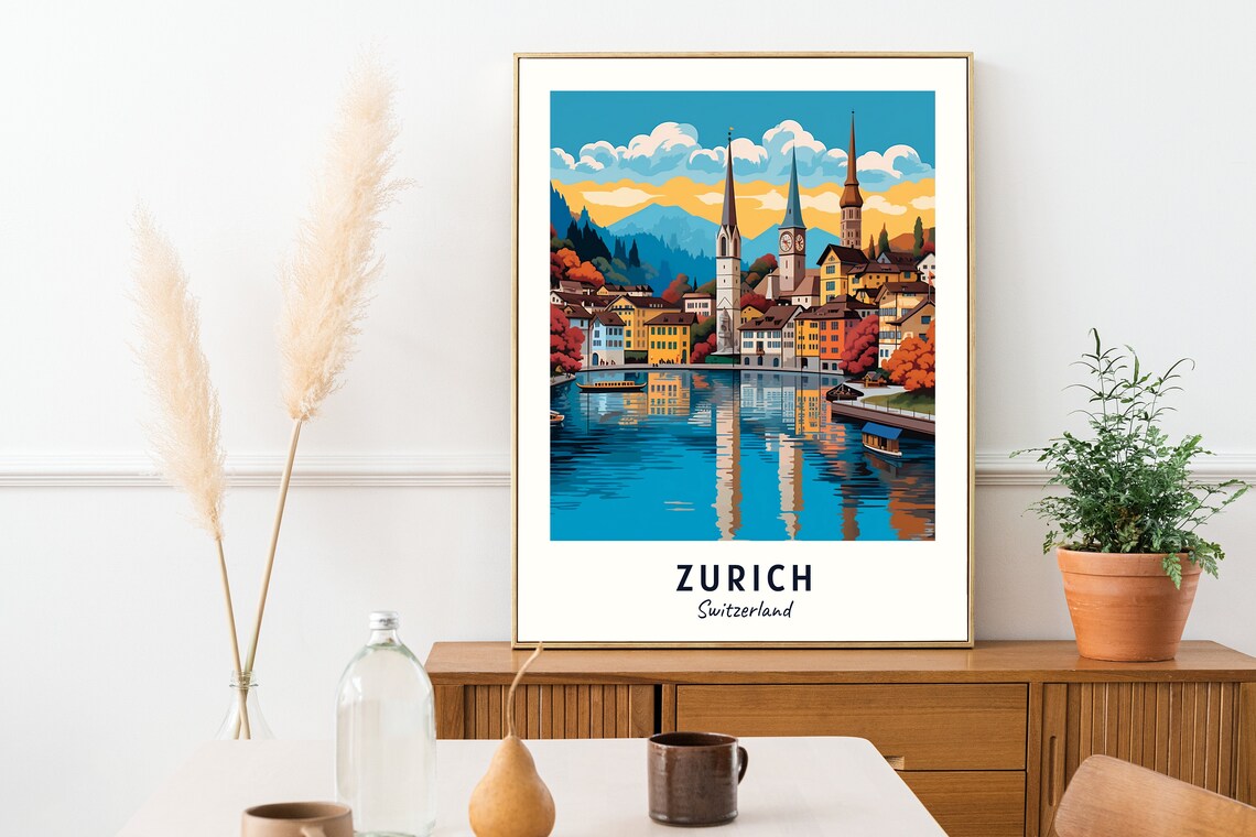 Zurich Daytime Lake Church Towers Mountain View Travel Poster - Image 2