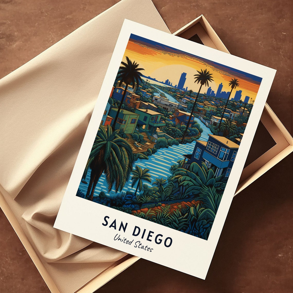 San Diego Sunset Bay Palm Trees Downtown Skyline Travel Poster - Image 3
